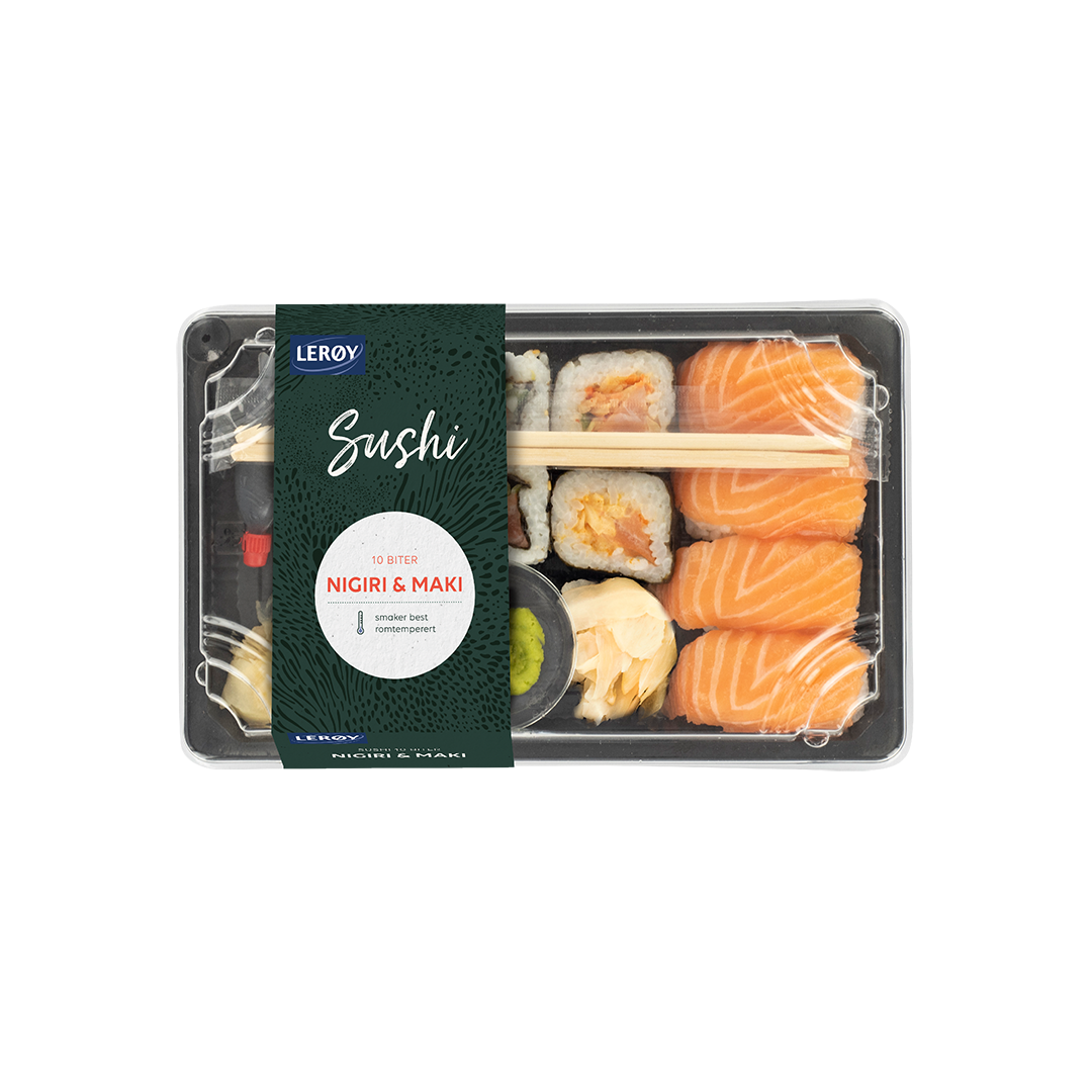 Sushi 10 biter nigiri og maki