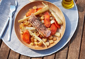 Grilled honey-marinated salmon with roasted root vegetables