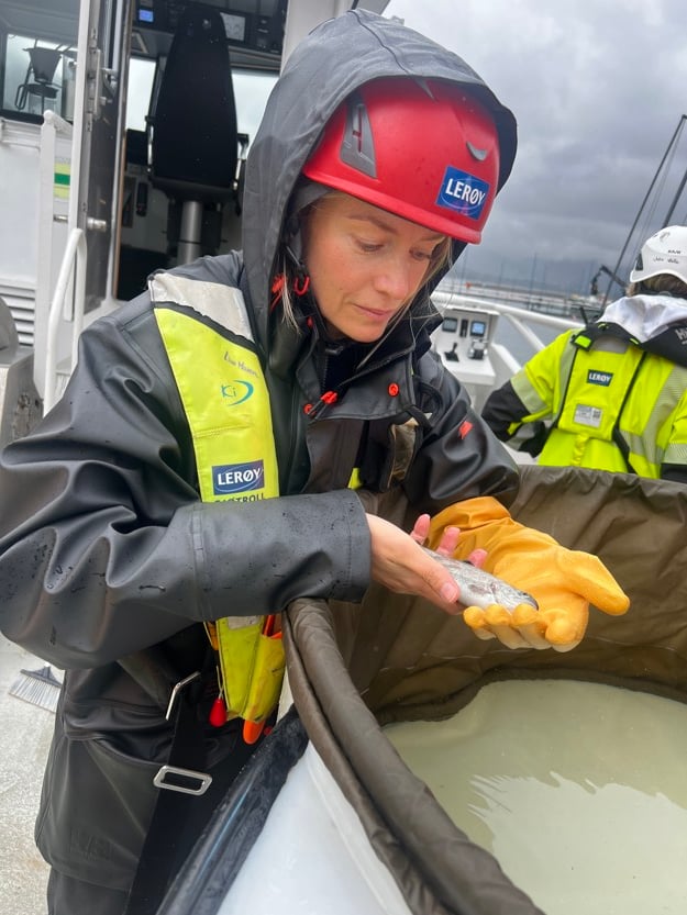 A woman inspecting a small fish, she wears gears like a life west, rain coat ect.