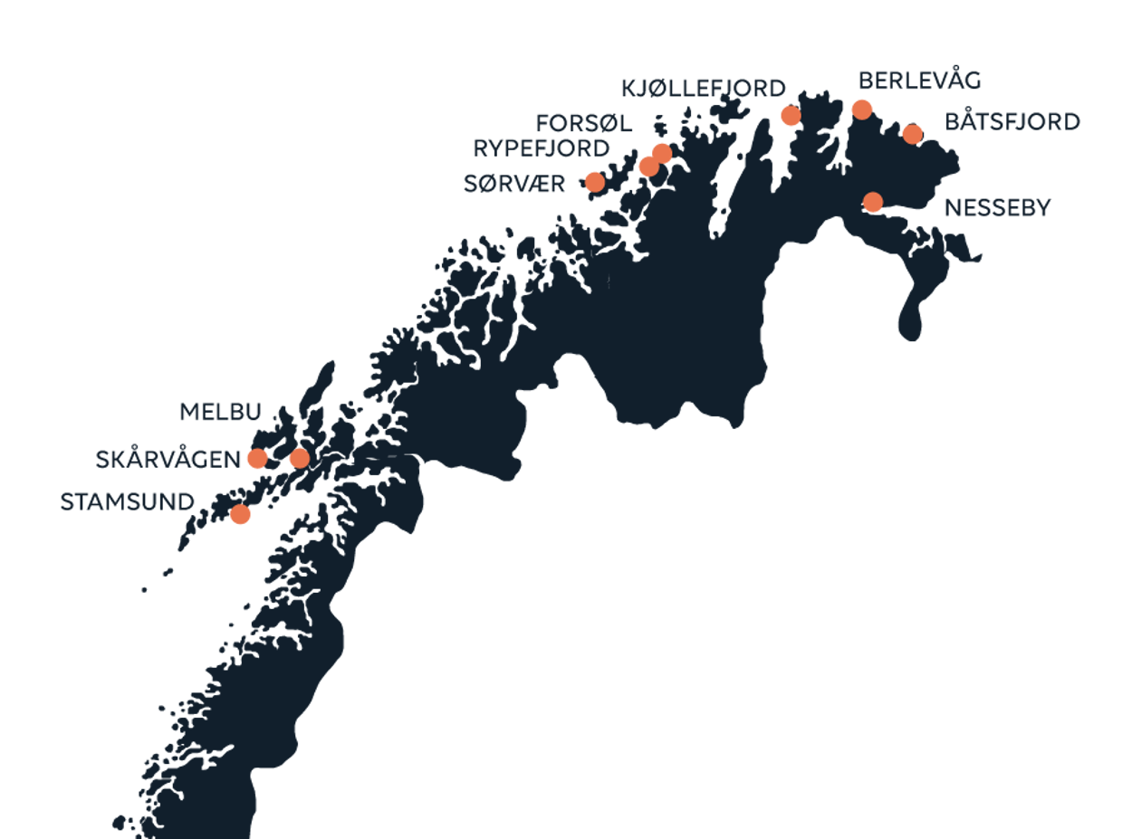 Norgeskart nordnorge illustrasjon med lokasjoner for mottak av fisk markert