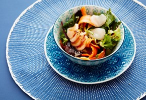 Poké bowl with seafood and poké sauce