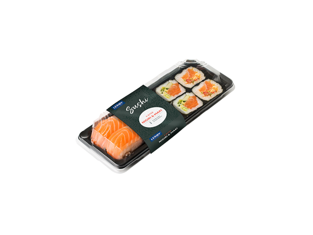Brett med sushi av laks