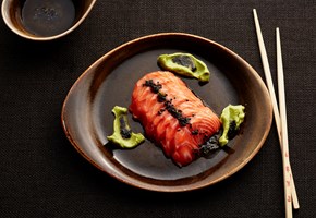 Salmon sashimi with avocado and wasabi cream