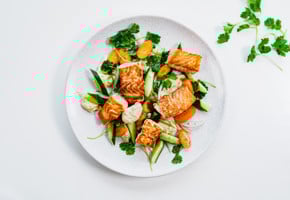 Tallerken med stekt ørret med frisk sala og hummus