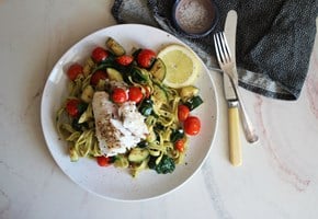 Cod with pasta and warm tomatoes